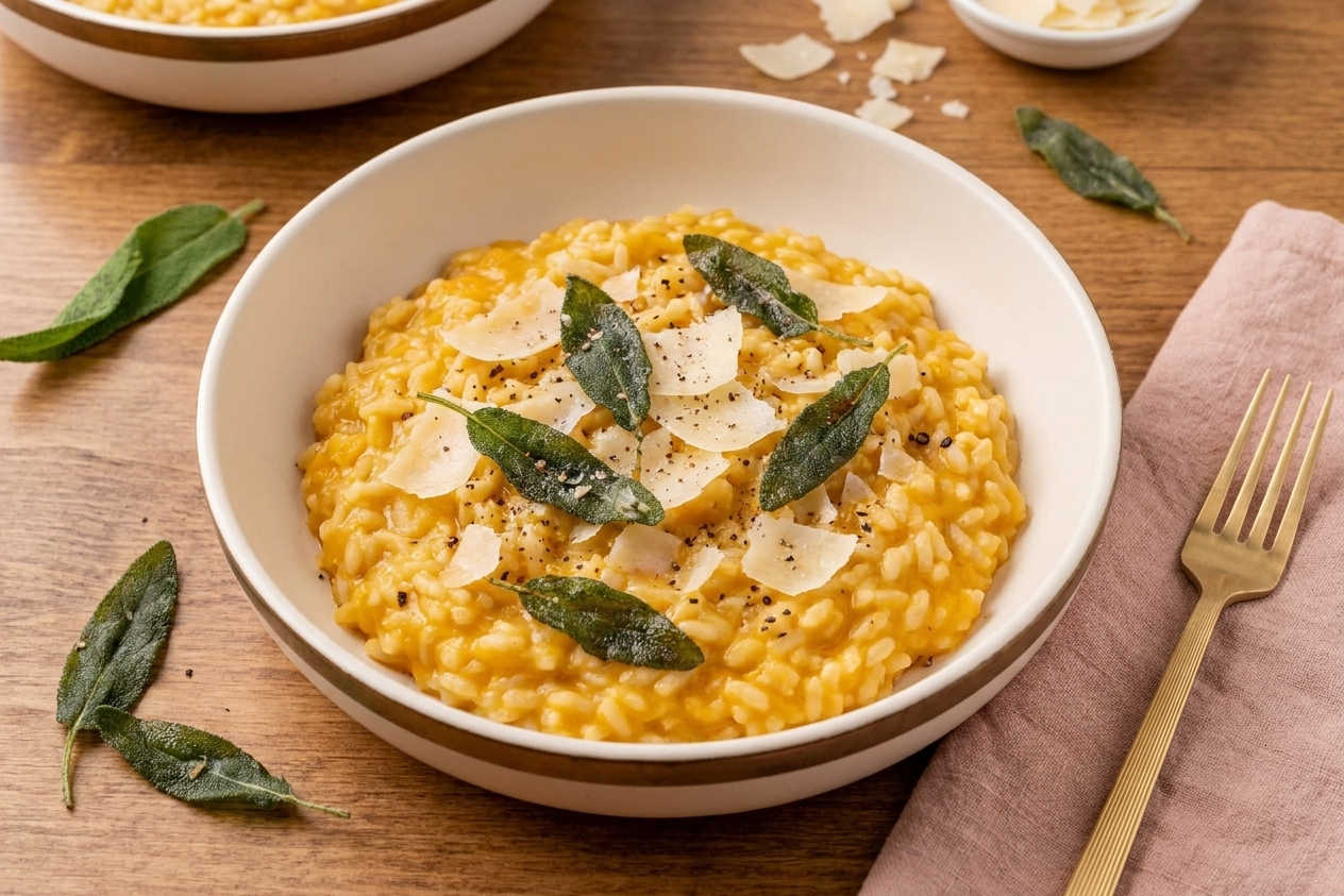 A shallow bowl of creamy butternut squash risotto topped with shaved Parmesan, crispy sage leaves, and cracked black pepper on a warm-toned wooden table