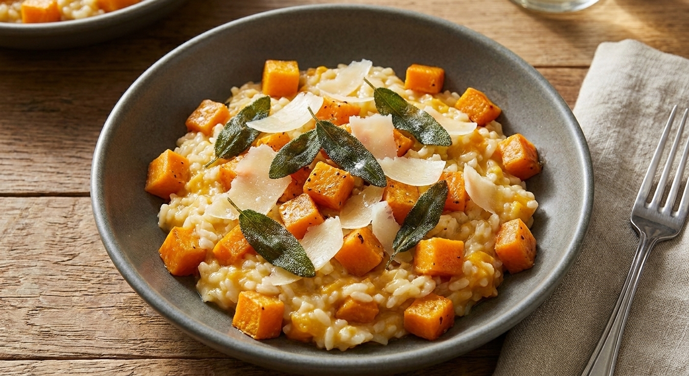A shallow bowl of creamy butternut squash risotto topped with shaved Parmesan and crispy sage leaves on a wooden table with soft natural light