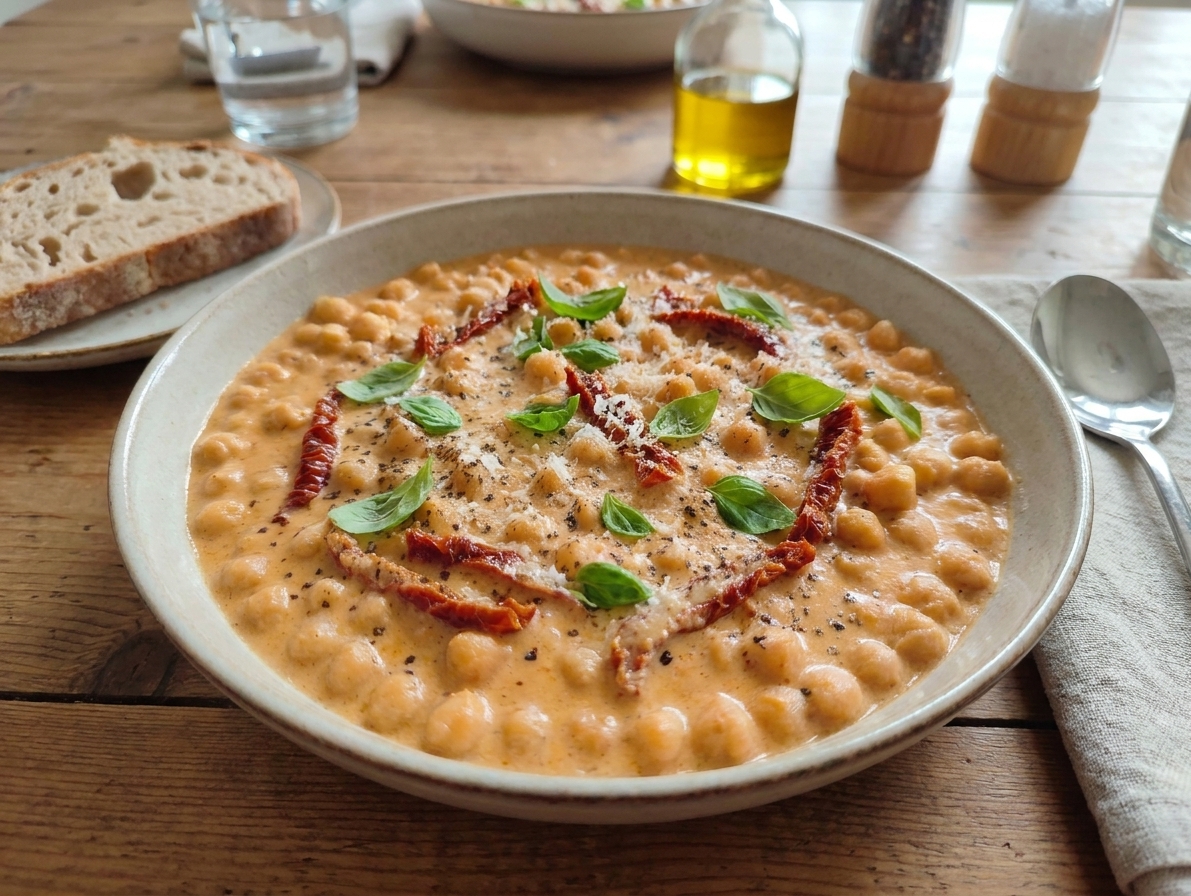 A shallow bowl of creamy chickpeas with sun-dried tomatoes topped with basil and Parmesan on a simple dinner table setting