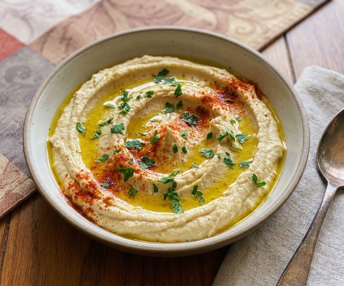 A shallow bowl of creamy classic hummus swirled with a spoon, topped with olive oil, paprika, and chopped parsley on a warm kitchen table