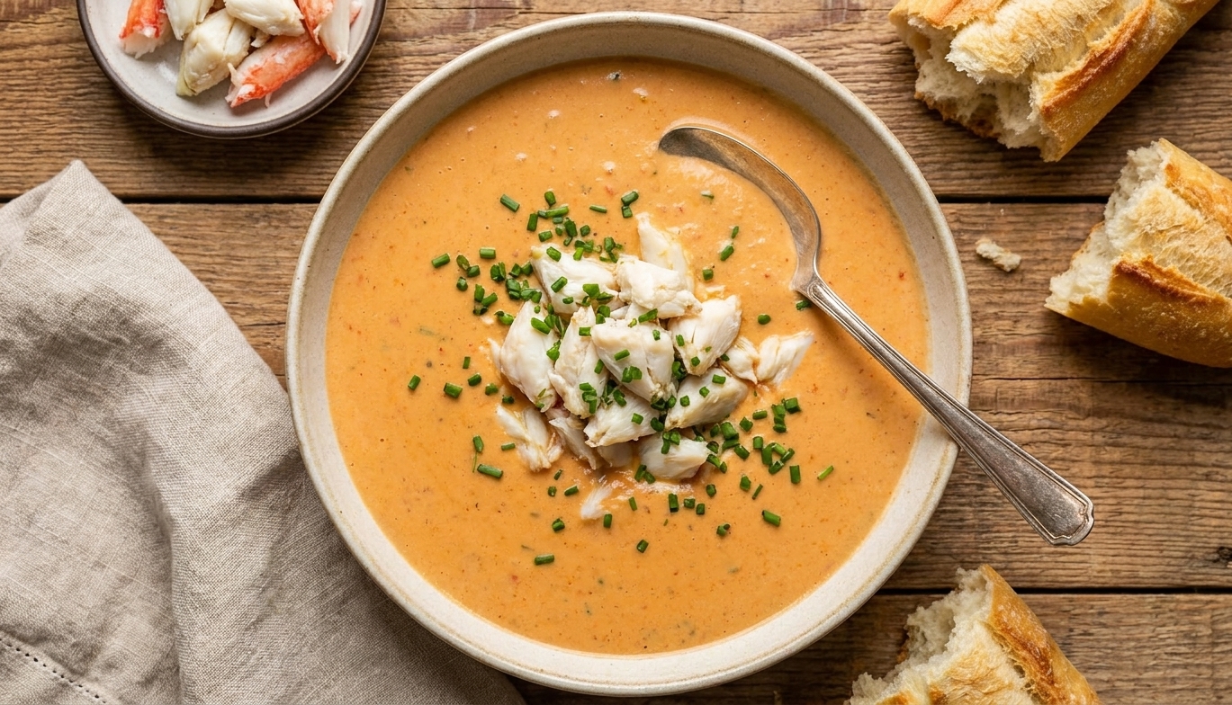 A shallow bowl of creamy crab bisque topped with a small mound of crab meat and chopped chives on a wooden table with a spoon beside it, warm natural kitchen lighting