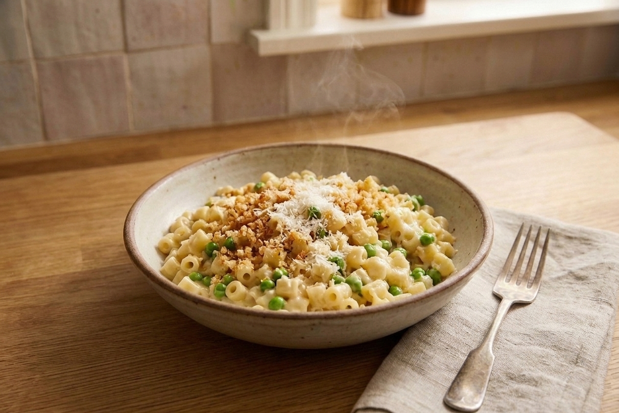 A shallow bowl of creamy ditalini pasta with peas and grated Parmesan, topped with golden garlic breadcrumbs, on a light kitchen table with soft natural window light