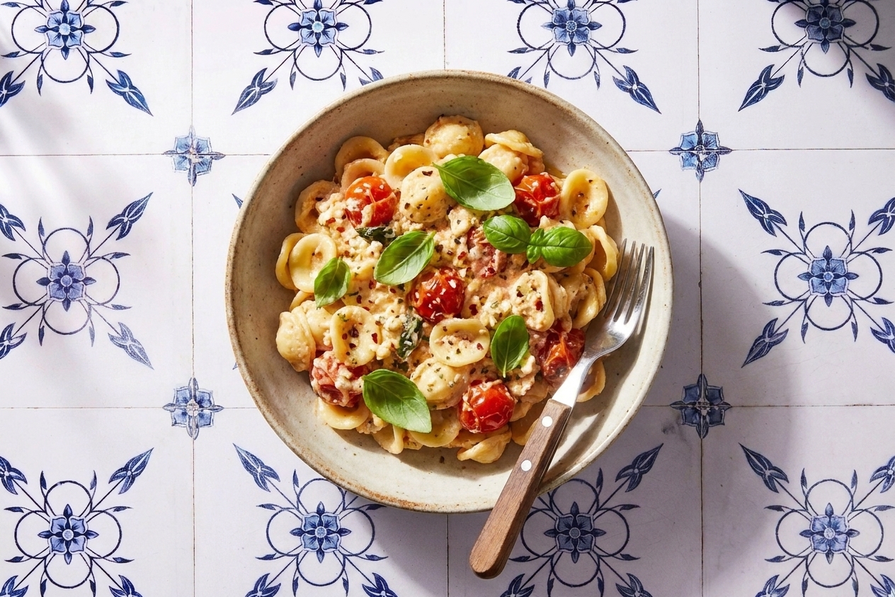 A shallow bowl of creamy feta tomato pasta topped with fresh basil on a simple dinner table with a fork beside it