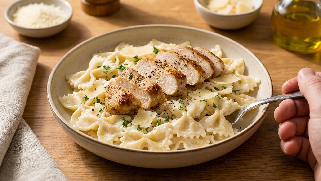 A shallow bowl of creamy garlic Parmesan bow tie pasta topped with sliced chicken, cracked black pepper, and chopped parsley on a warm-toned kitchen table
