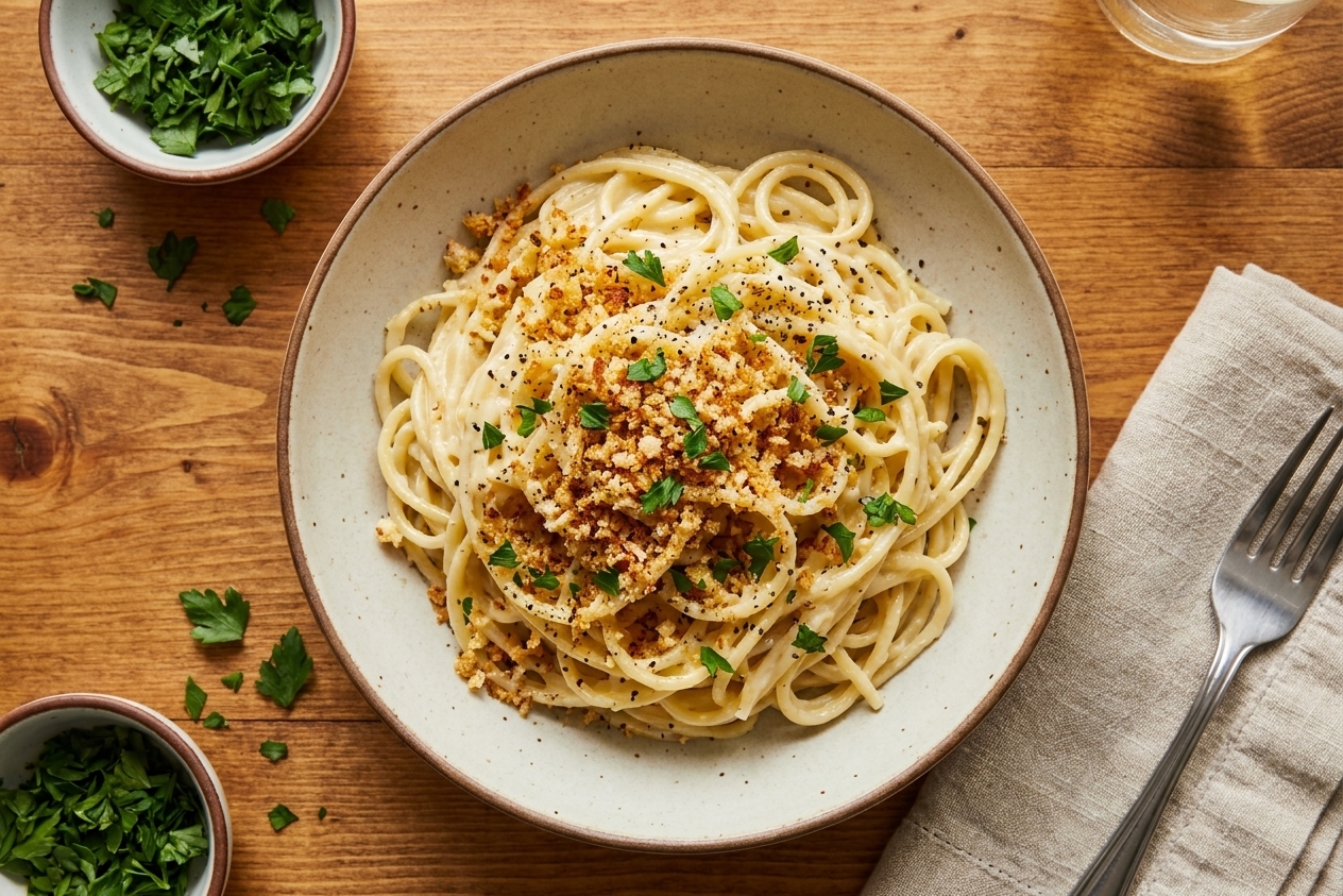 A shallow bowl of creamy garlic lemon pasta topped with golden toasted breadcrumbs, cracked black pepper, and parsley on a warm-toned kitchen table