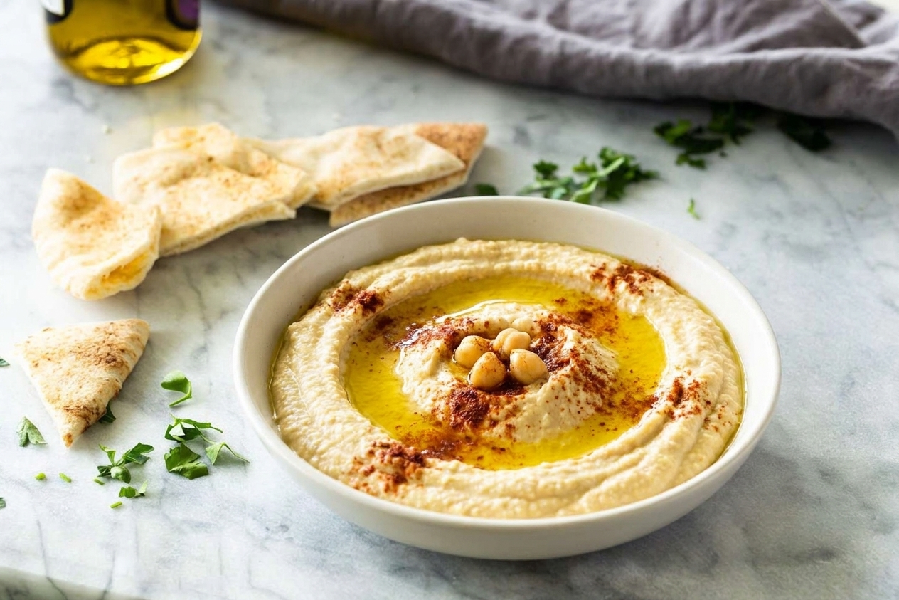 A shallow bowl of creamy hummus swirled with olive oil, sprinkled with paprika, and topped with chickpeas on a light stone kitchen counter