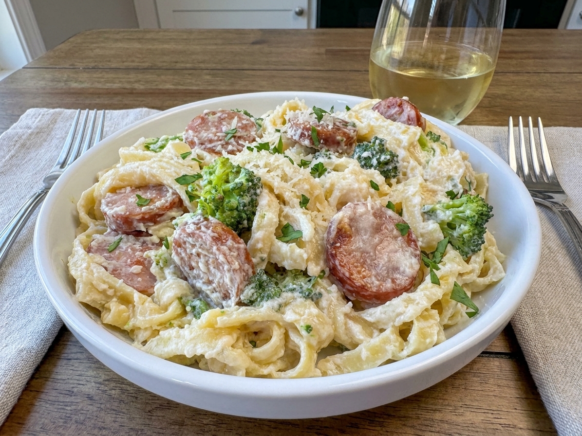 A shallow bowl of creamy kielbasa pasta topped with grated parmesan and parsley on a simple dinner table setting