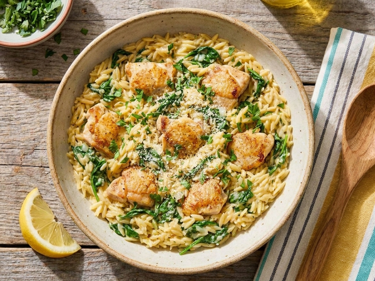 A shallow bowl of creamy lemon Parmesan orzo topped with seared chicken, wilted spinach, grated Parmesan, and parsley on a wooden table setting with a lemon wedge