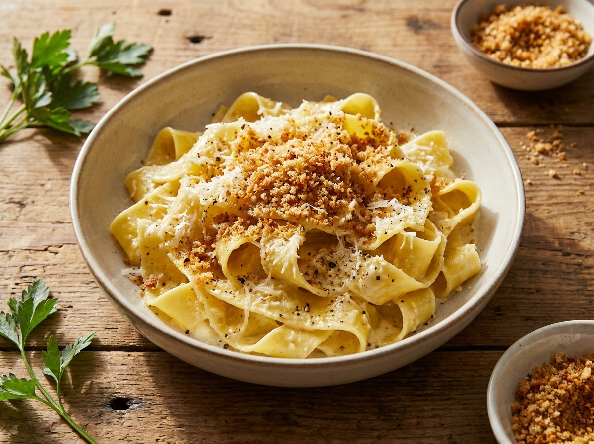 A shallow bowl of creamy lemon garlic pappardelle topped with Parmesan, black pepper, and a shower of toasted breadcrumbs on a rustic wooden table