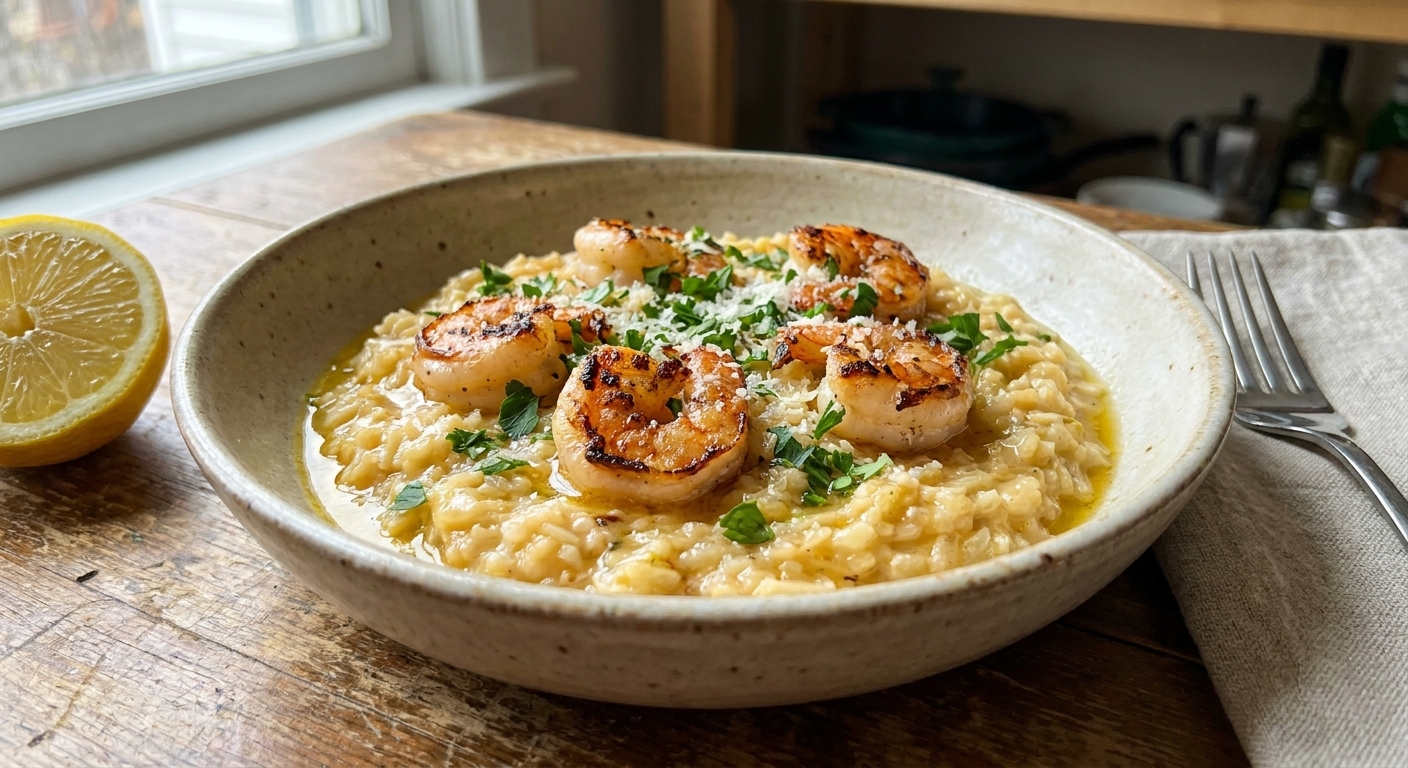 A shallow bowl of creamy lemon garlic shrimp risotto topped with seared shrimp, chopped parsley, and a dusting of Parmesan on a wooden table with a lemon half nearby, real food photography