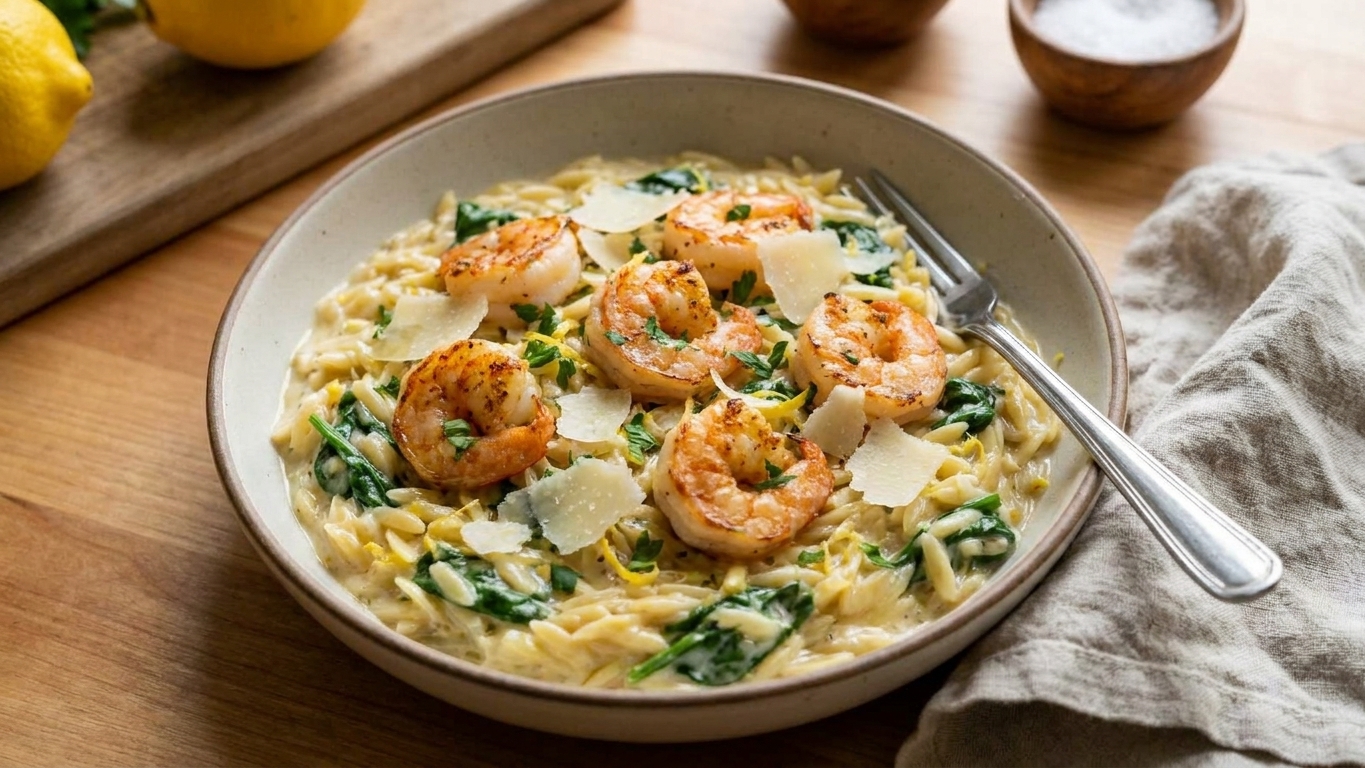 A shallow bowl of creamy lemon shrimp orzo topped with Parmesan and parsley on a dinner table with a fork and linen napkin