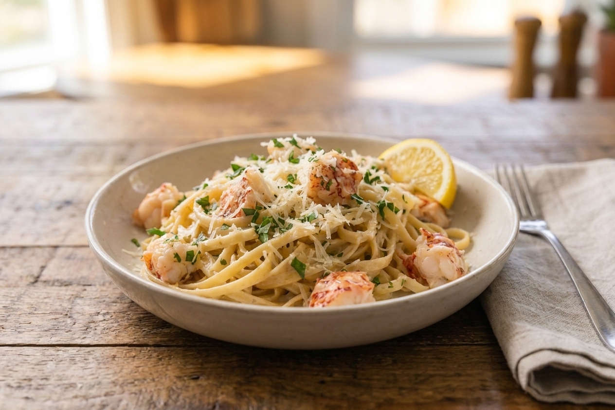 A shallow bowl of creamy lobster pasta with visible chunks of lobster, grated Parmesan, chopped parsley, and a lemon wedge on a warm wooden table with soft natural light
