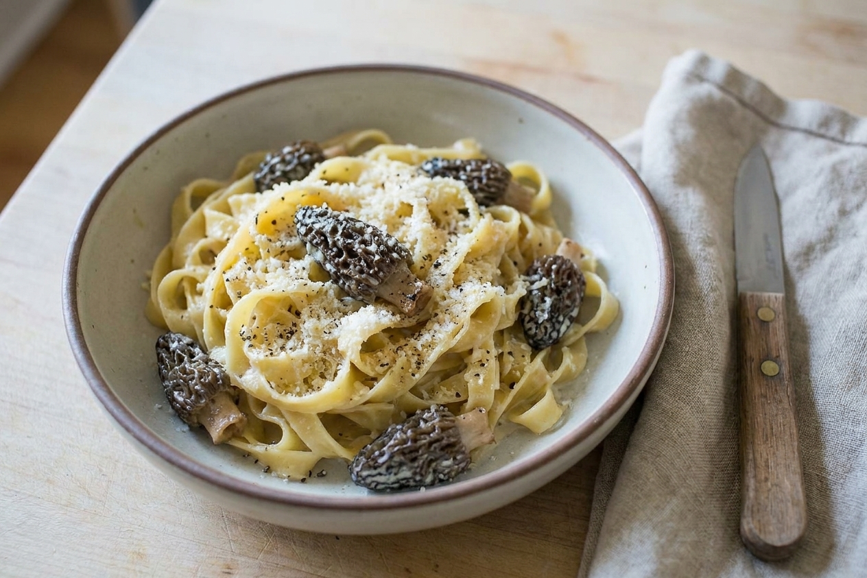 A shallow bowl of creamy morel mushroom pasta topped with freshly grated Parmesan and black pepper on a light wooden table with a linen napkin