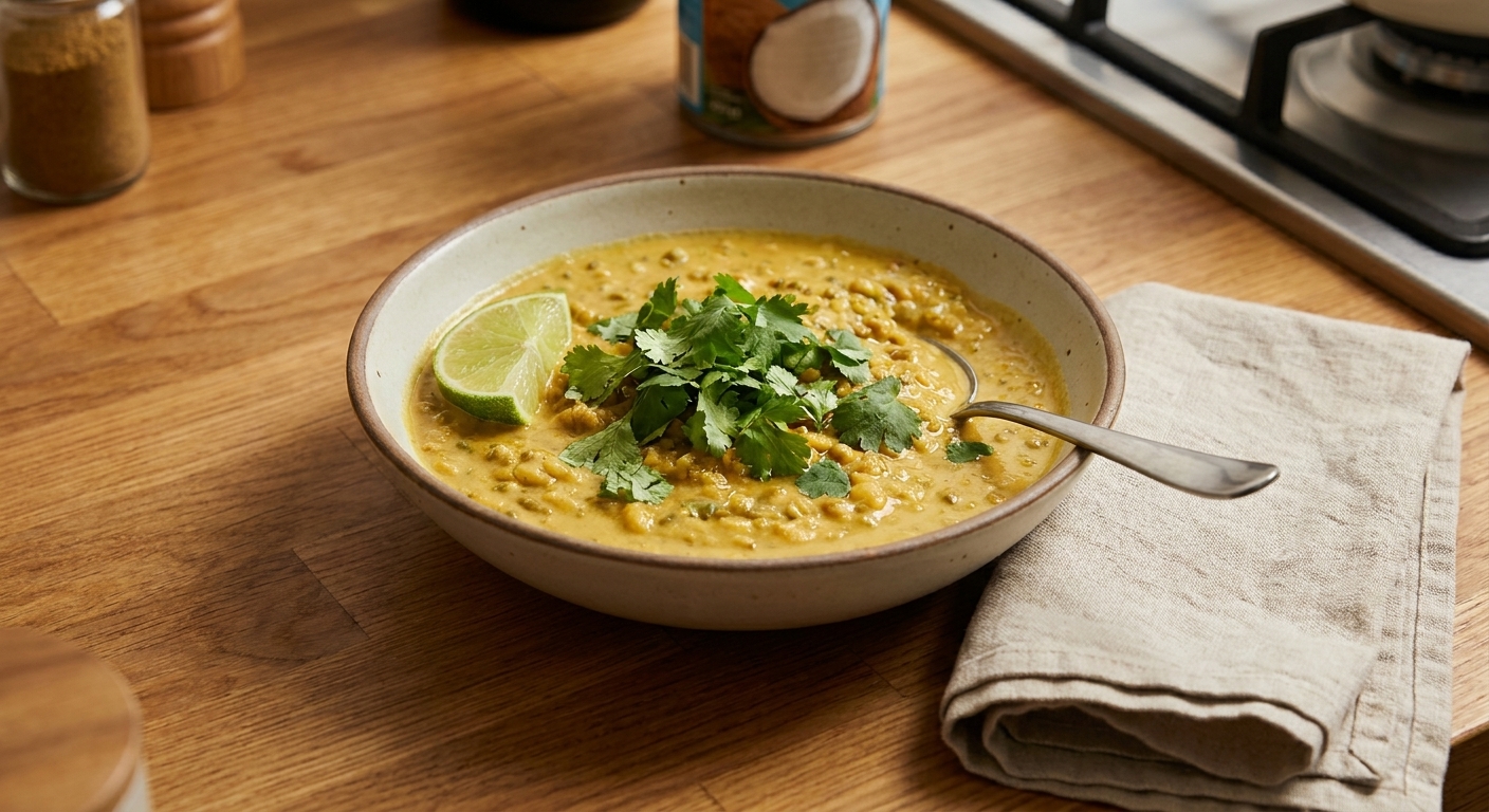 A shallow bowl of creamy mung bean coconut curry topped with cilantro and a lime wedge, set on a warm-toned kitchen table with a spoon and folded napkin