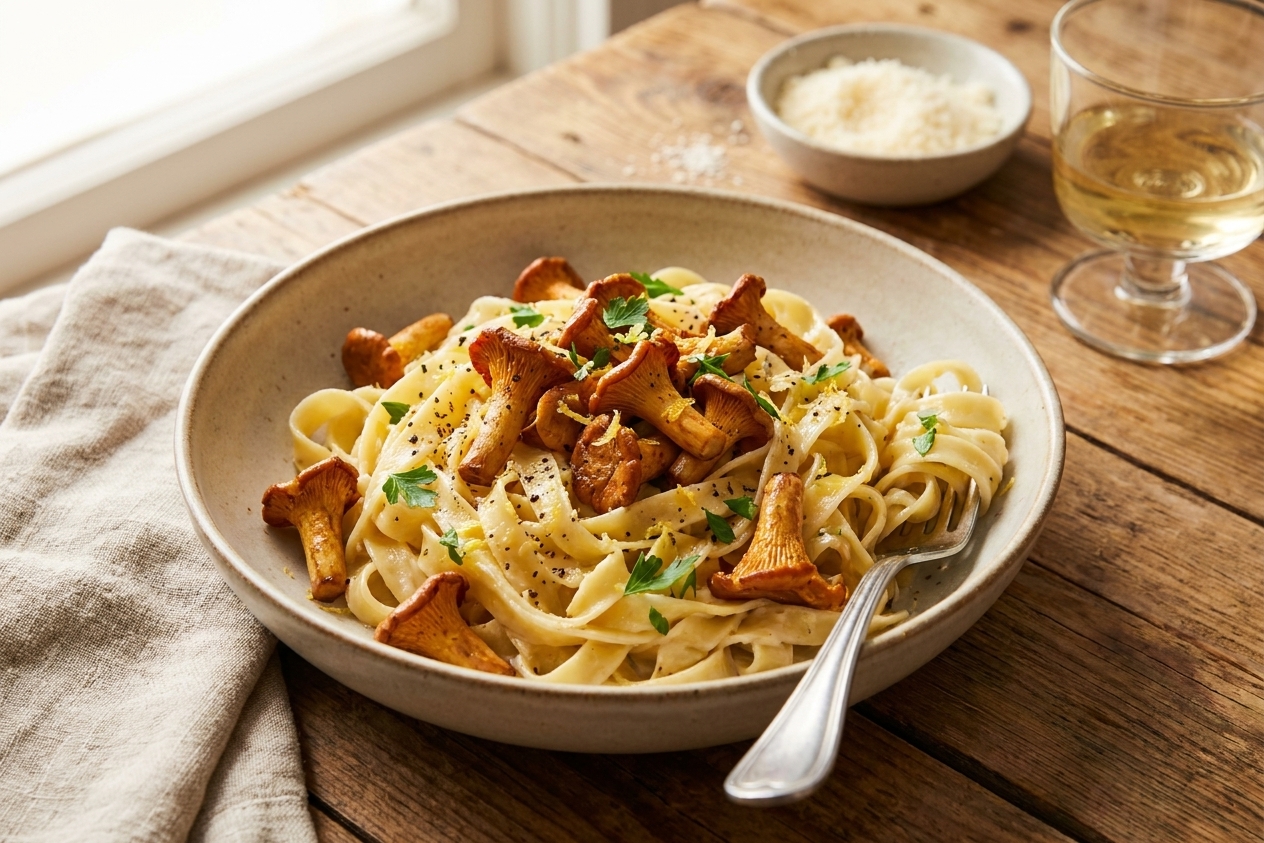 A shallow bowl of creamy pasta topped with golden sautéed chanterelle mushrooms, black pepper, lemon zest, and chopped parsley on a warm-toned kitchen table