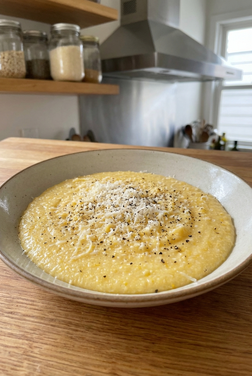 A shallow bowl of creamy polenta topped with grated parmesan and cracked black pepper on a kitchen counter