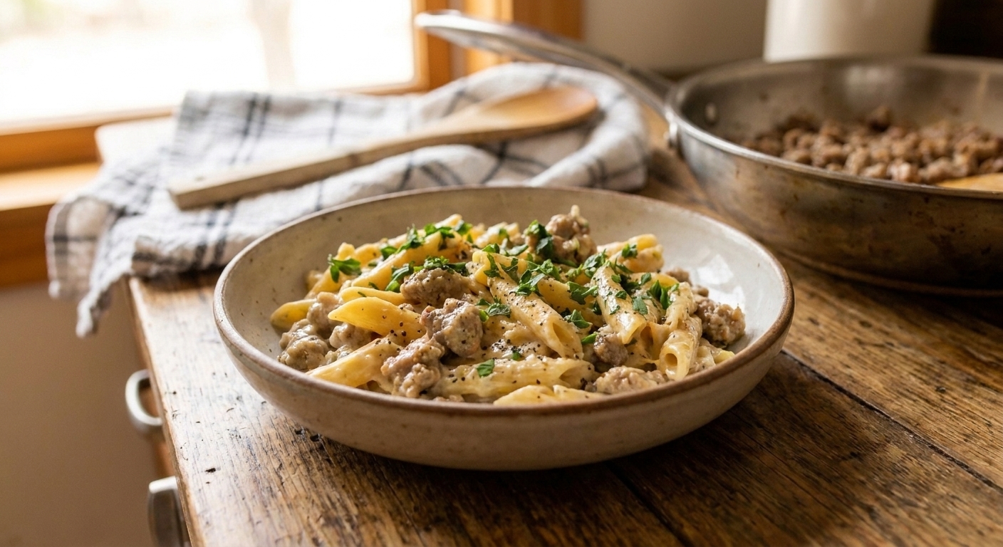 A shallow bowl of creamy sausage pasta with browned Italian sausage crumbles, glossy Parmesan cream sauce, cracked black pepper, and parsley on top, set on a warm wooden table with soft natural light