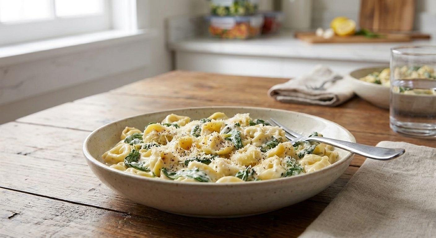 A shallow bowl of creamy spinach tortellini topped with grated Parmesan and black pepper on a simple dinner table setting