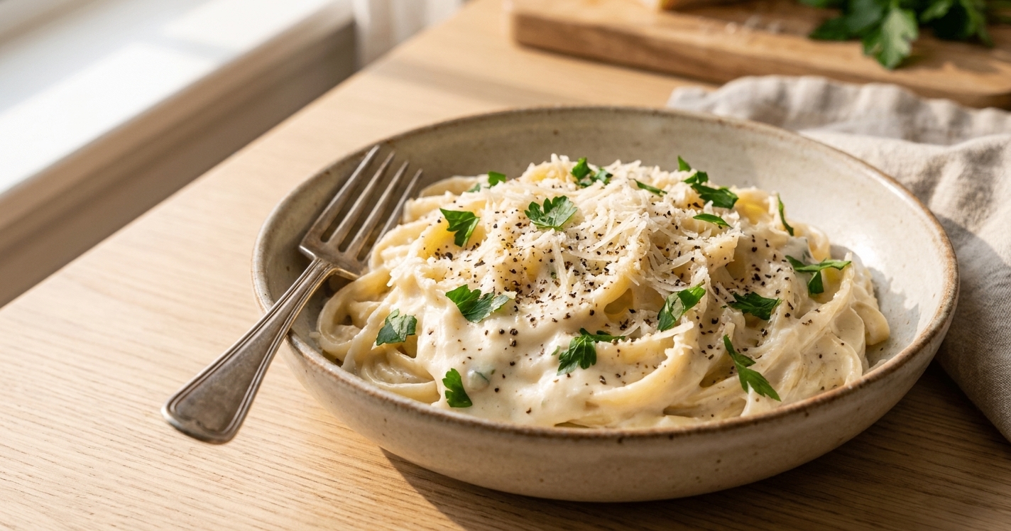 A shallow bowl of creamy white sauce pasta topped with grated Parmesan, cracked black pepper, and chopped parsley on a light kitchen table with a fork beside it