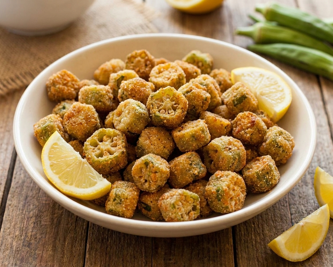 A shallow bowl of crispy fried okra rings and pods, golden and crunchy, served with lemon wedges on a simple wooden table setting