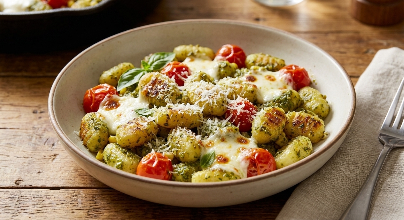 A shallow bowl of crispy pesto gnocchi topped with melted mozzarella, burst cherry tomatoes, and a dusting of Parmesan on a simple dinner table