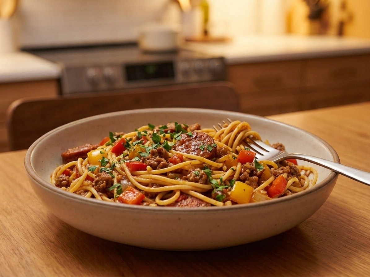A shallow bowl of dirty spaghetti with smoky sausage crumbles, a glossy red-brown tomato gravy, and chopped parsley on top, set on a warm kitchen table with a fork