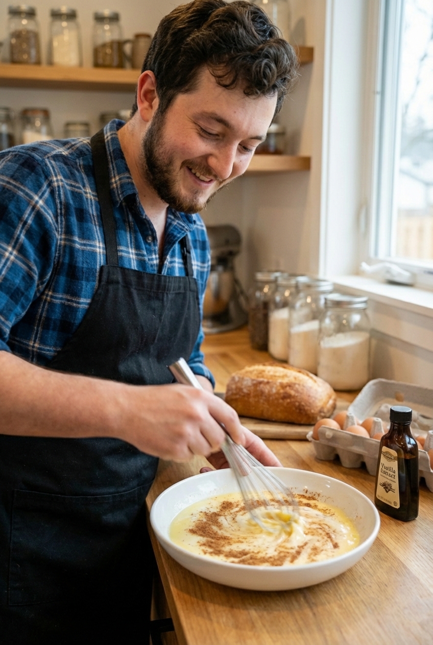 A shallow bowl of egg and milk mixture with cinnamon being whisked together on a kitchen counter