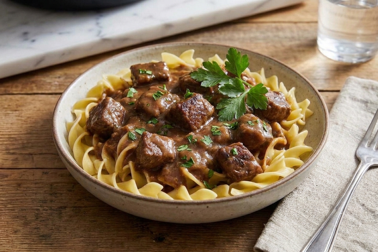 A shallow bowl of egg noodles topped with tender beef tips and glossy brown gravy, sprinkled with chopped parsley on a wooden table with a linen napkin