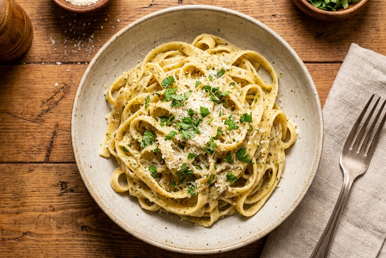 A shallow bowl of fettuccine coated in creamy salsa Alfredo sauce with a sprinkle of Parmesan and chopped cilantro on a warm-toned kitchen table