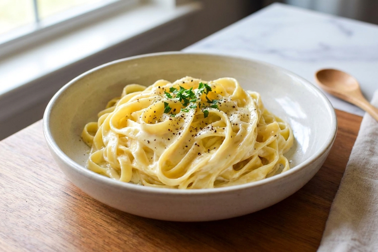A shallow bowl of fettuccine coated in glossy heavy cream Parmesan sauce with cracked black pepper and a small sprinkle of chopped parsley on top, on a warm-toned wooden table