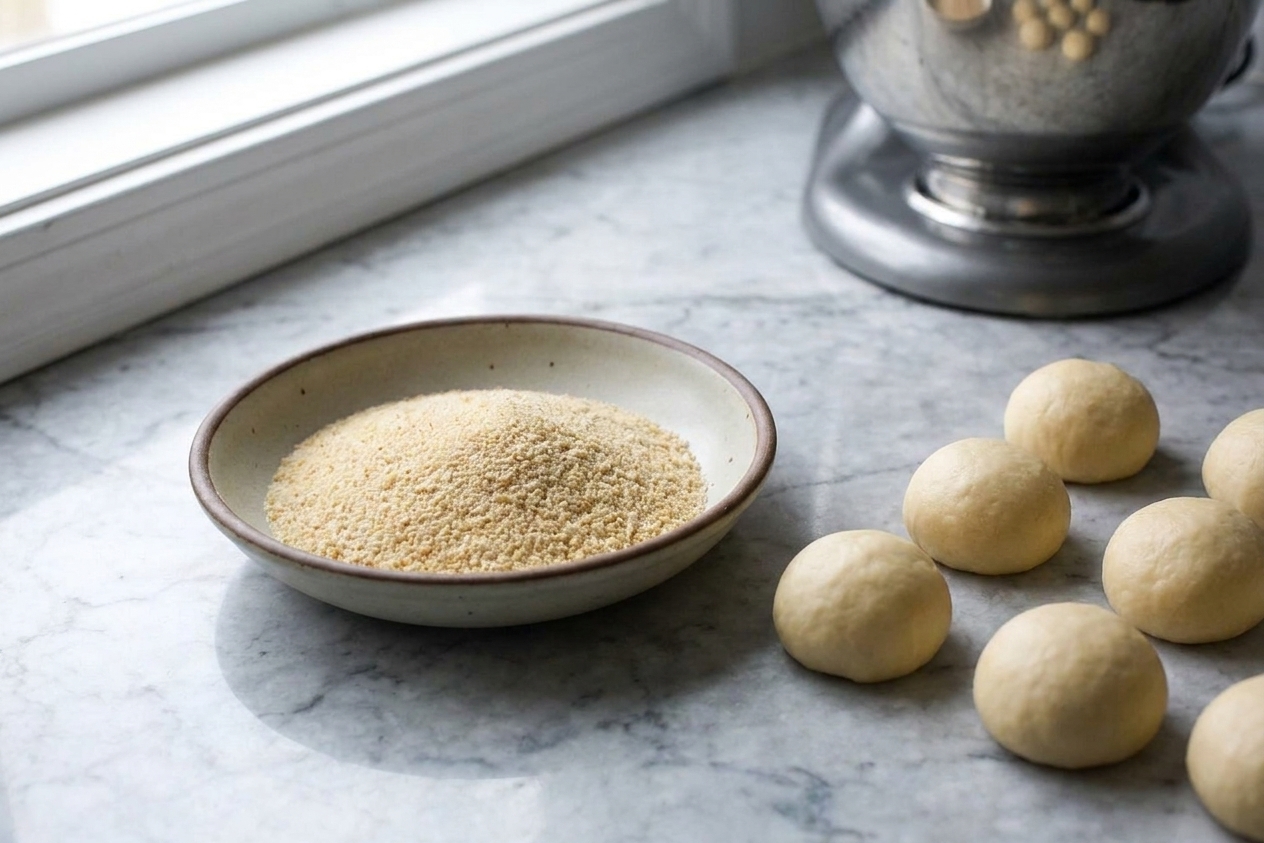 A shallow bowl of fine breadcrumbs on a counter with shaped dough balls nearby, ready to be rolled for pandesal
