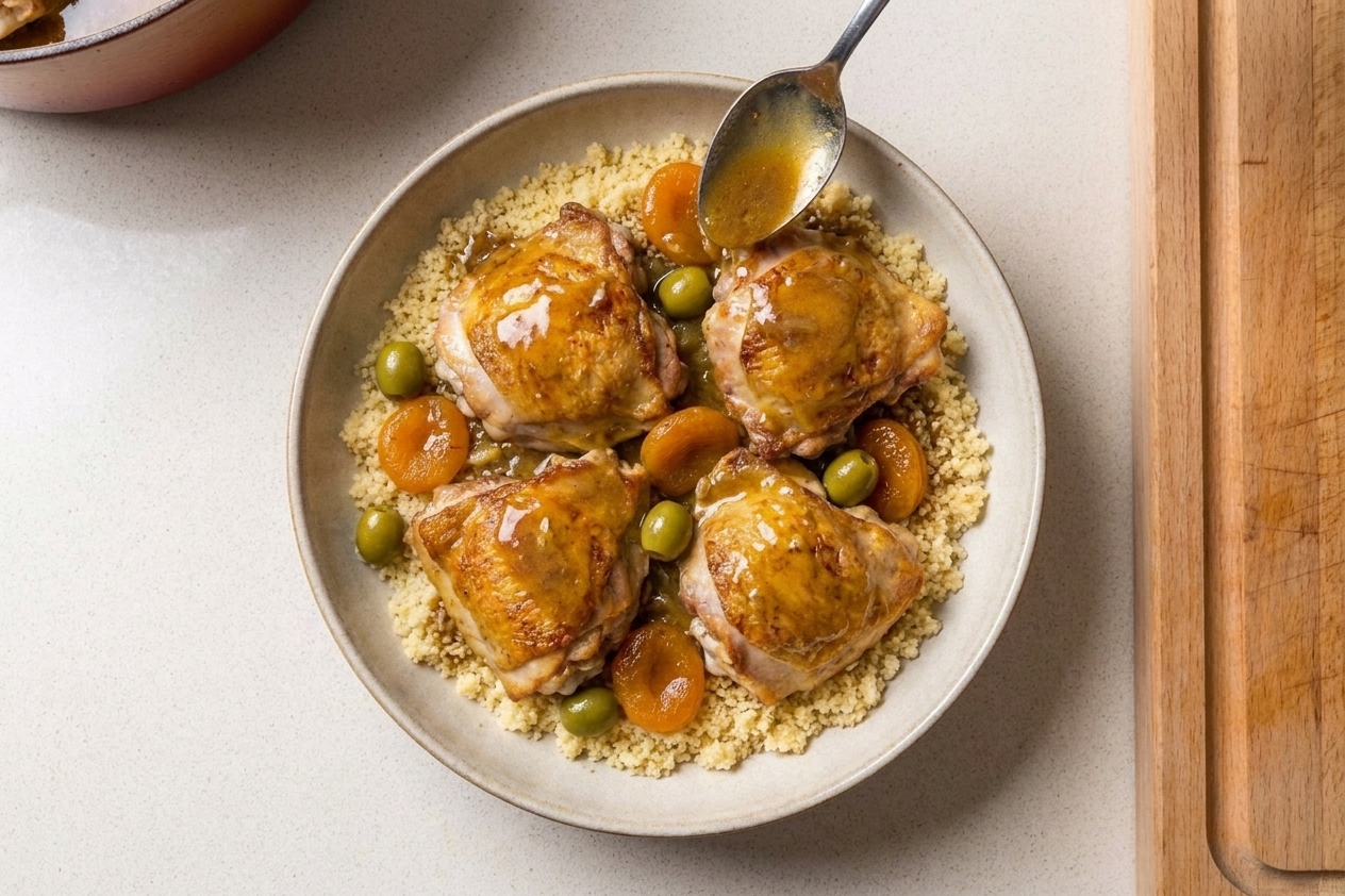 A shallow bowl of fluffy couscous topped with chicken tagine, apricots, olives, and a glossy spooned-on sauce