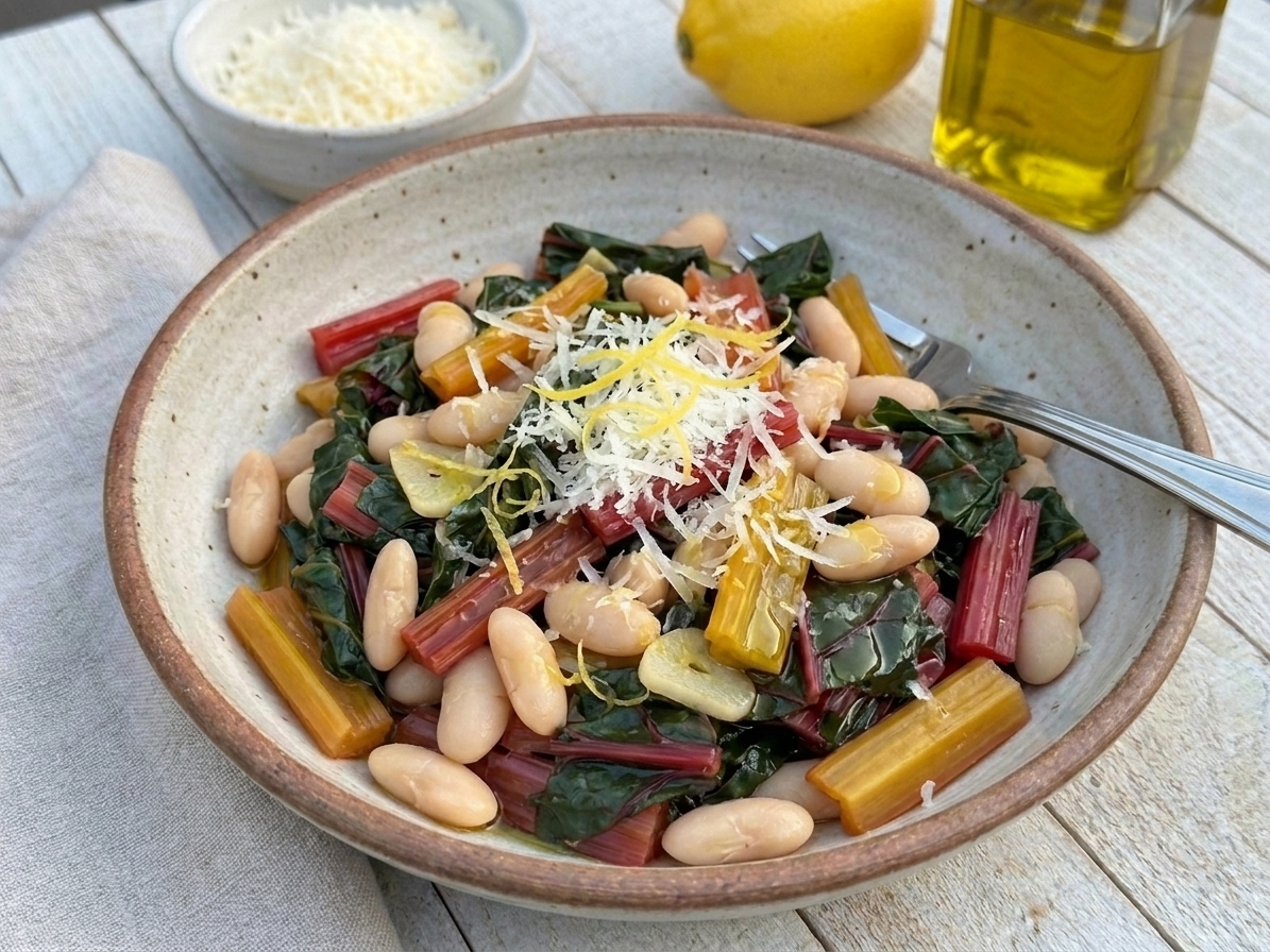A shallow bowl of garlicky sautéed Swiss chard and creamy white beans finished with lemon zest, Parmesan, and a drizzle of olive oil on a rustic wooden table