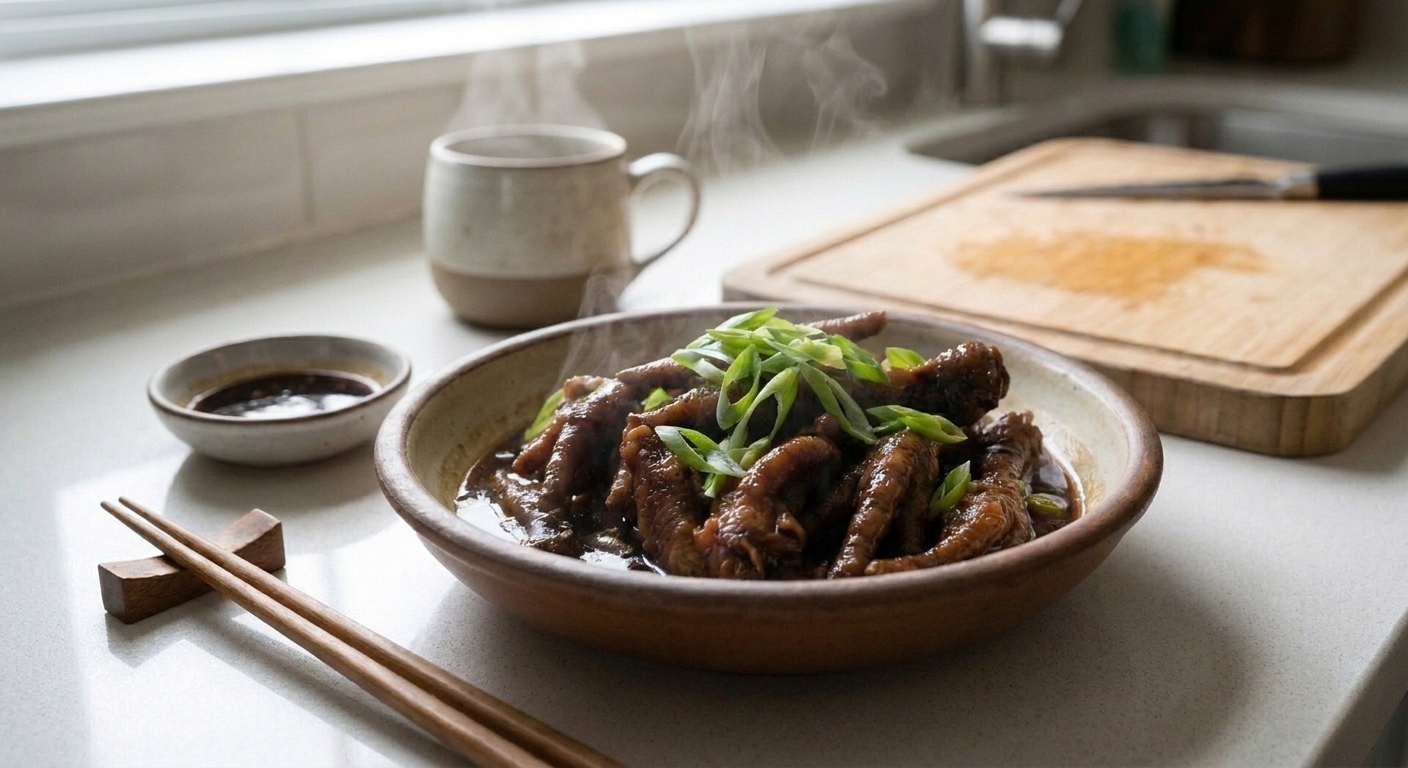 A shallow bowl of glossy braised chicken feet in a dark soy-based sauce with sliced scallions on top, set on a warm kitchen table with chopsticks and a small dipping dish