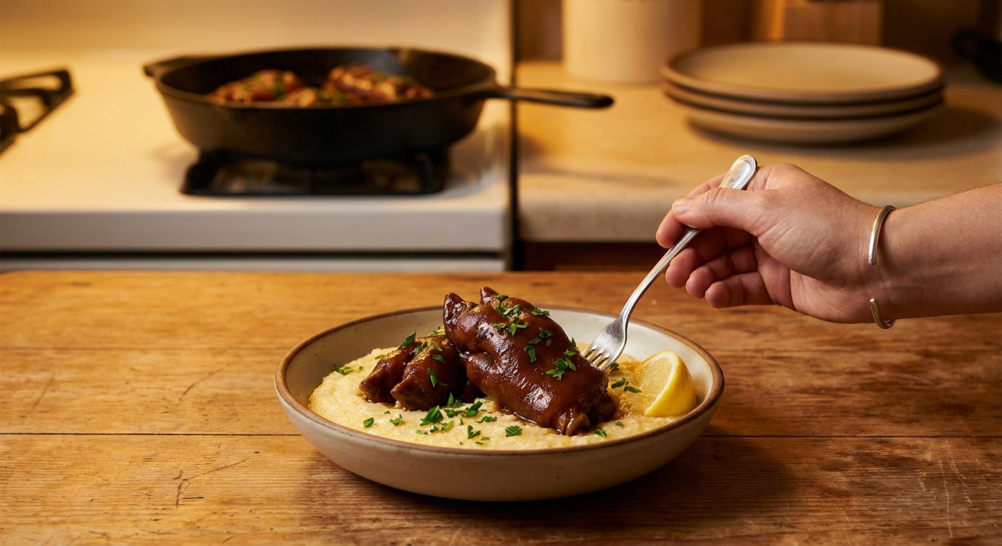 A shallow bowl of glossy, braised pig feet on creamy grits with chopped parsley and a lemon wedge on a wooden table, warm kitchen lighting