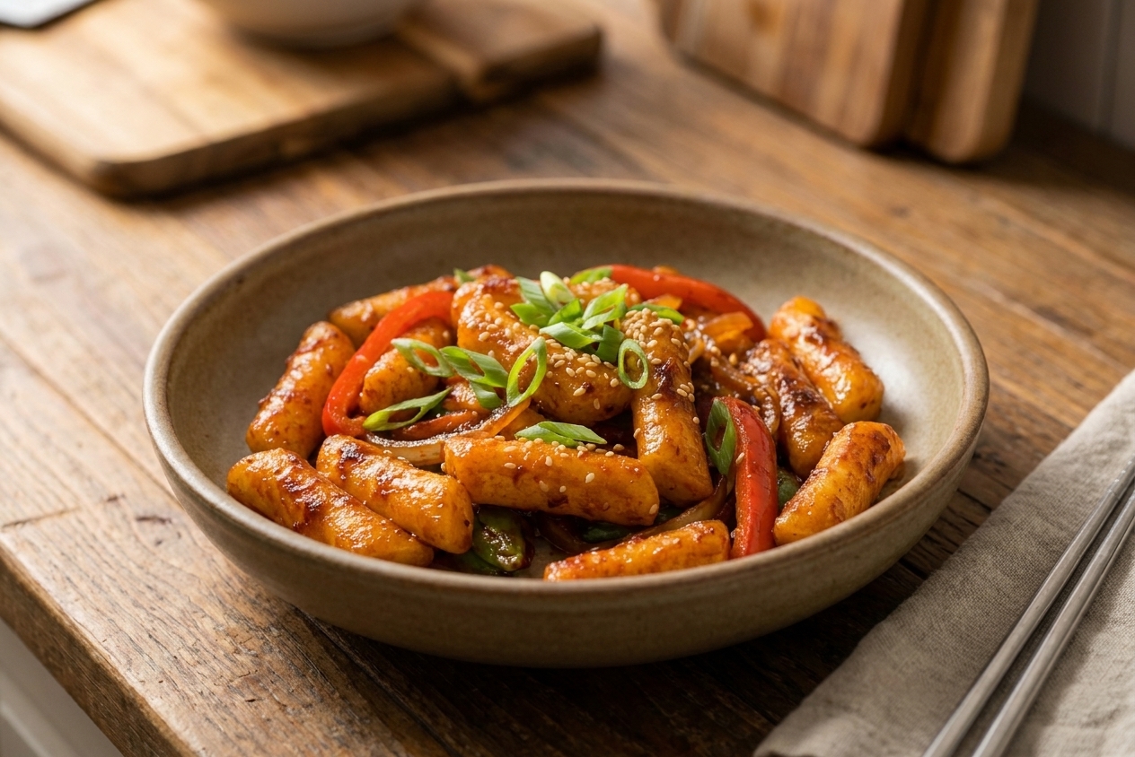 A shallow bowl of glossy red-orange Korean rice cakes with crisp edges, topped with scallions and sesame seeds on a wooden table with chopsticks nearby