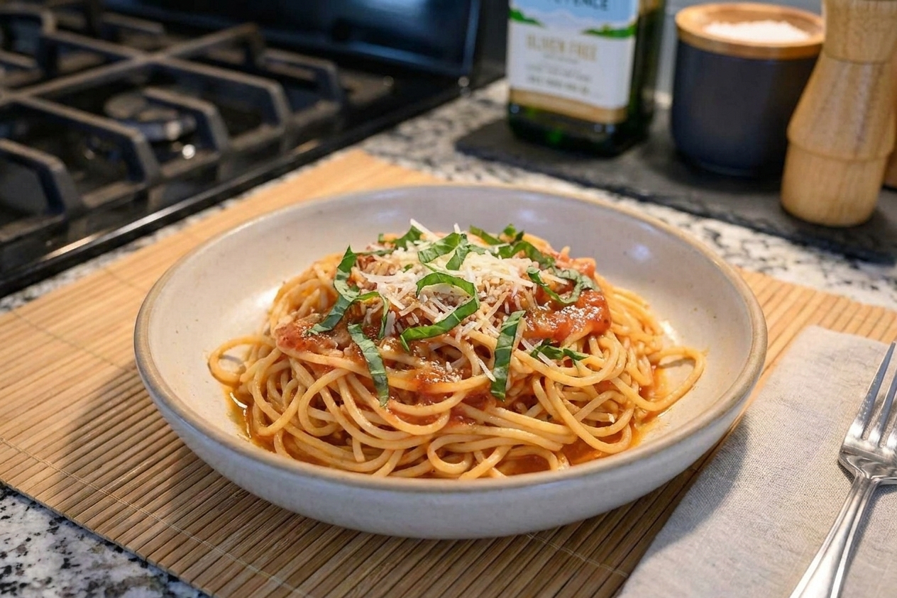 A shallow bowl of gluten-free spaghetti coated in glossy tomato-garlic butter sauce, topped with basil and grated Parmesan on a warm kitchen table with soft natural light
