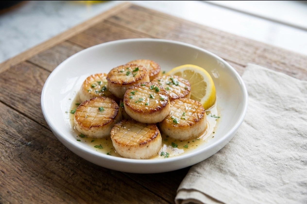 A shallow bowl of golden seared king oyster mushroom scallops coated in glossy garlic lemon butter sauce, sprinkled with chopped parsley, on a rustic wooden table with a linen napkin