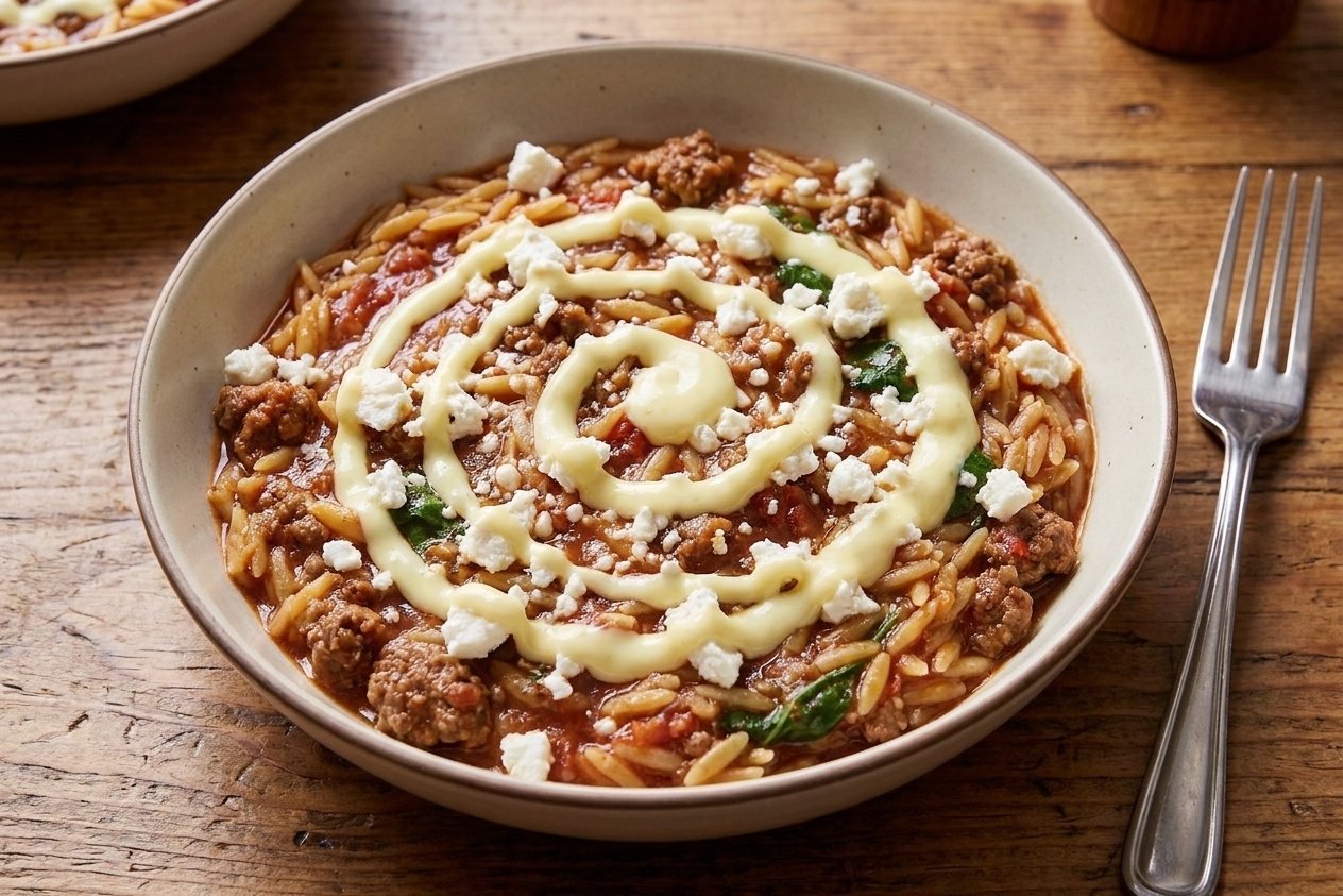 A shallow bowl of ground beef orzo topped with crumbled feta and a swirl of lemon yogurt sauce on a dinner table with a fork beside it
