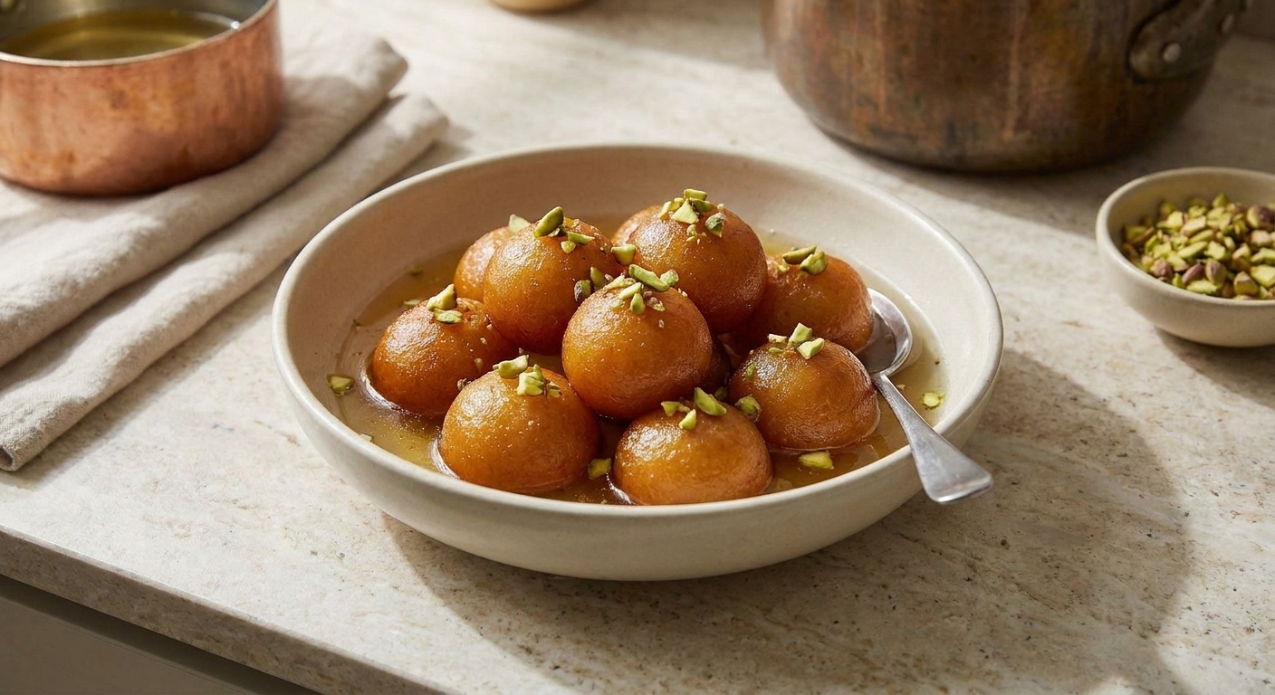A shallow bowl of gulab jamun soaking in amber sugar syrup, garnished with chopped pistachios, on a warm-toned kitchen table with soft natural light