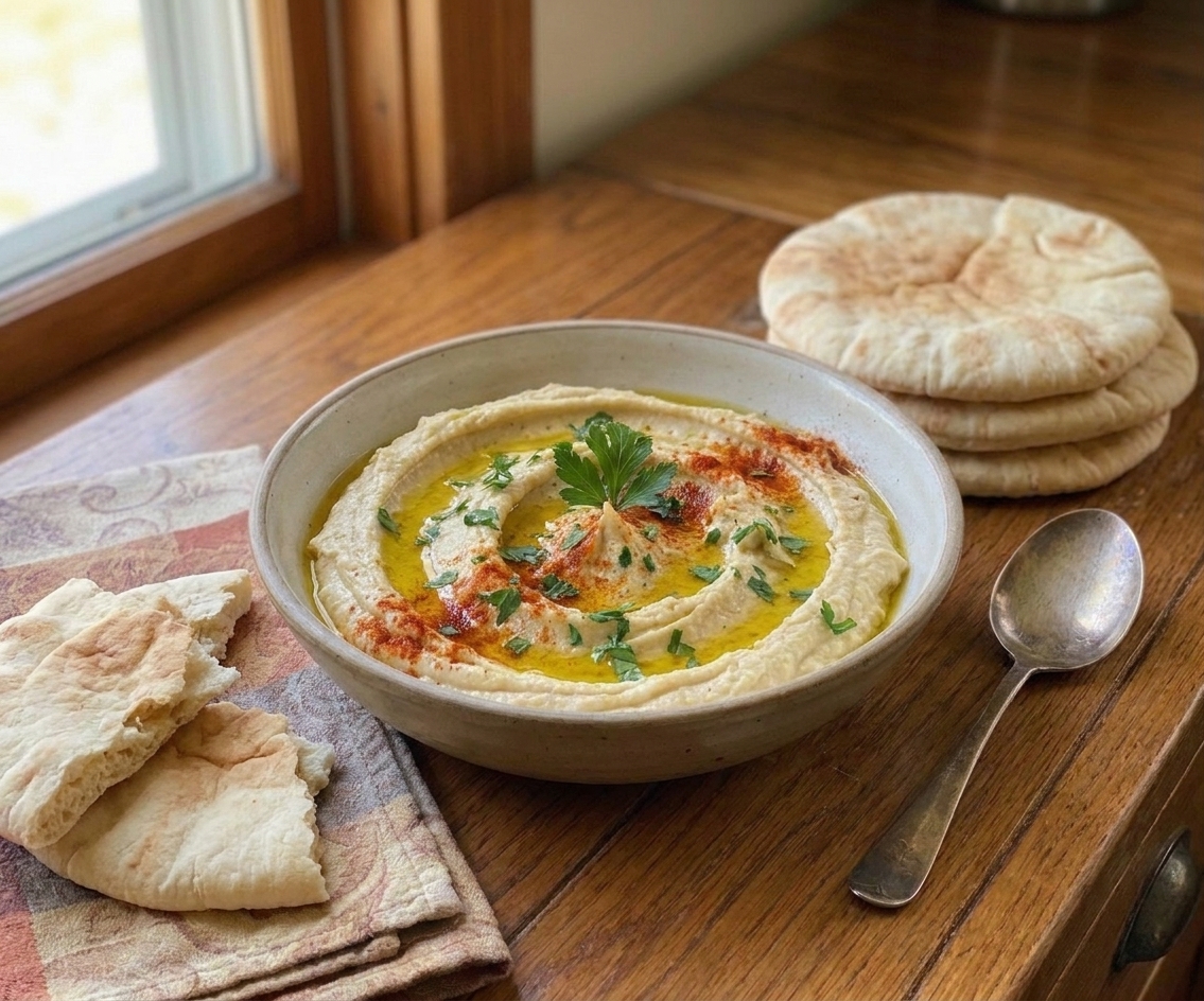 A shallow bowl of hummus swirled and topped with olive oil and paprika on a wooden table with pita nearby