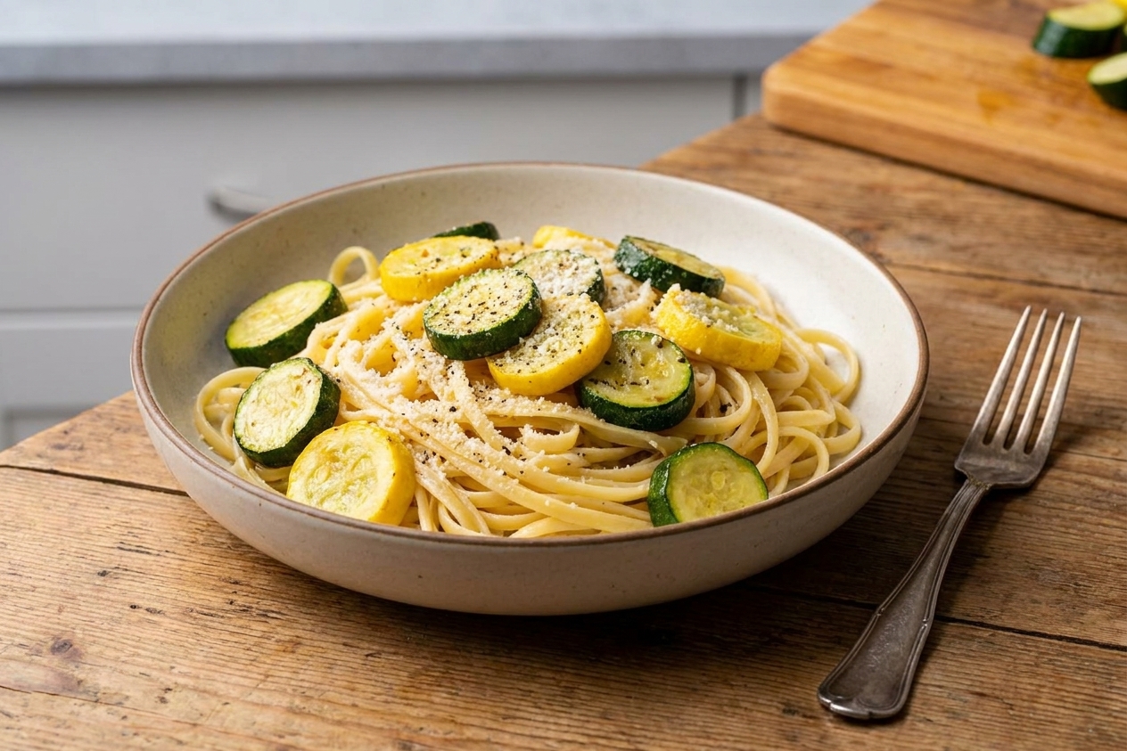 A shallow bowl of lemon garlic pasta topped with sautéed zucchini and yellow squash coins, grated Parmesan, and black pepper on a wooden table with a fork beside it