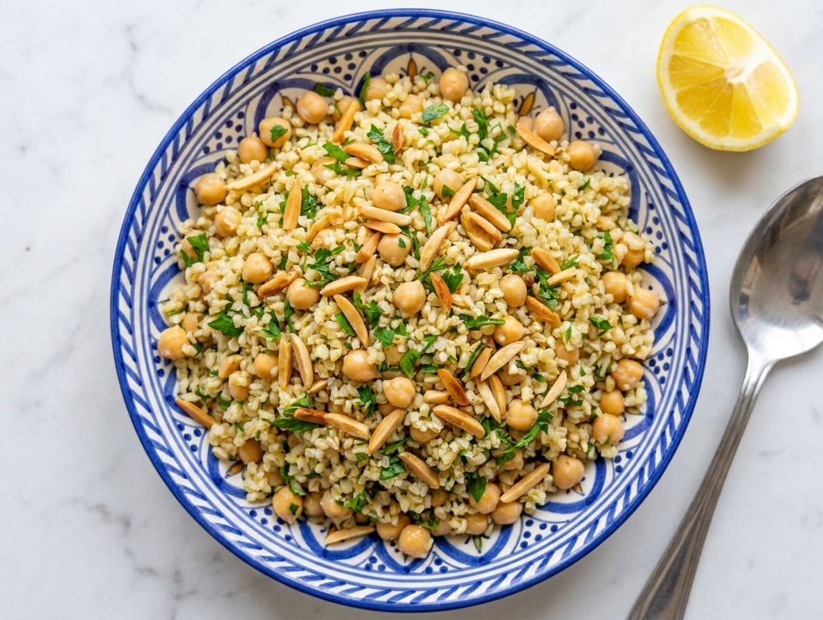 A shallow bowl of lemony bulgur pilaf with chickpeas, chopped parsley, and toasted almonds, set on a light kitchen table with a lemon wedge and a spoon