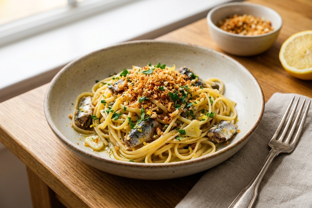 A shallow bowl of lemony sardine pasta topped with crispy breadcrumbs and chopped parsley on a warm-toned kitchen table