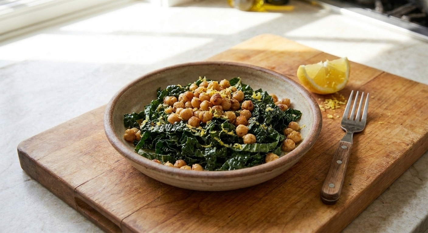 A shallow bowl of lemony sautéed kale topped with crispy chickpeas on a wooden table with a fork and a lemon wedge