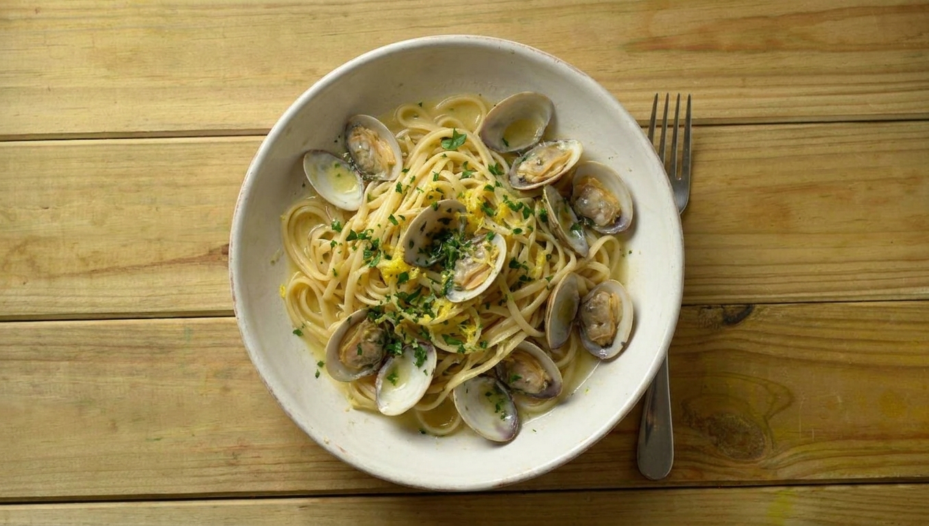A shallow bowl of linguine and clams in a glossy white wine garlic sauce, topped with chopped parsley and lemon zest on a warm-toned kitchen table
