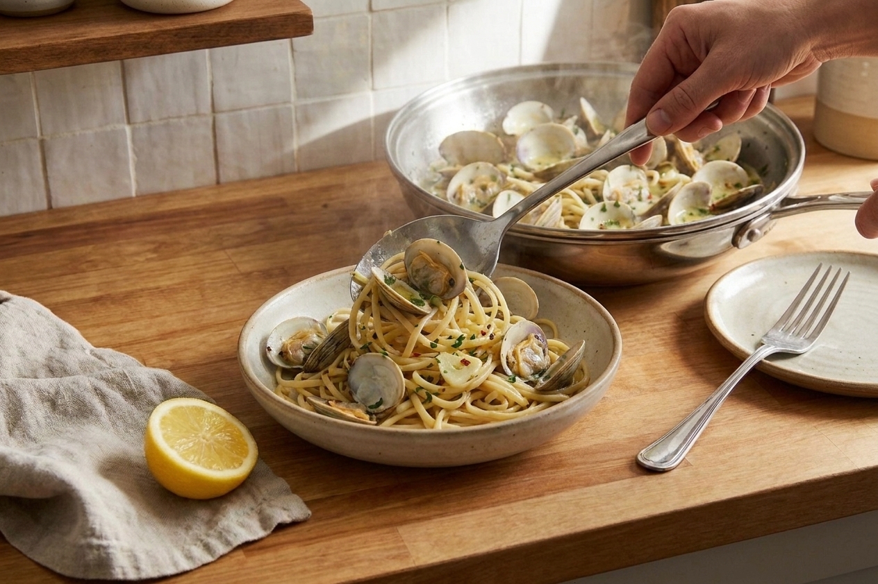 A shallow bowl of linguine with clams and parsley being served at a kitchen counter, with a lemon half nearby
