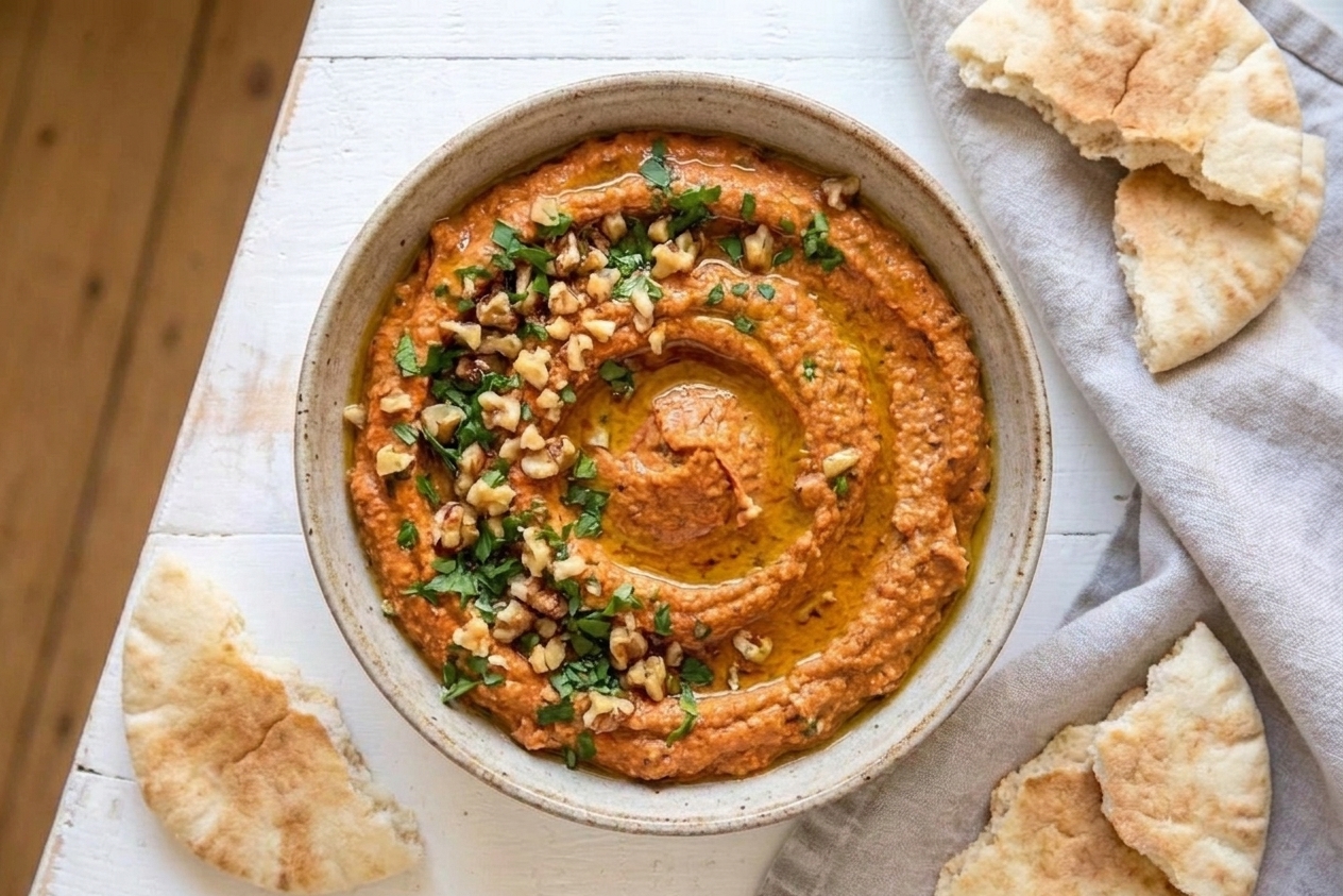 A shallow bowl of muhammara garnished with a swirl of olive oil, chopped walnuts, and parsley on a warm-toned kitchen counter with pita wedges nearby