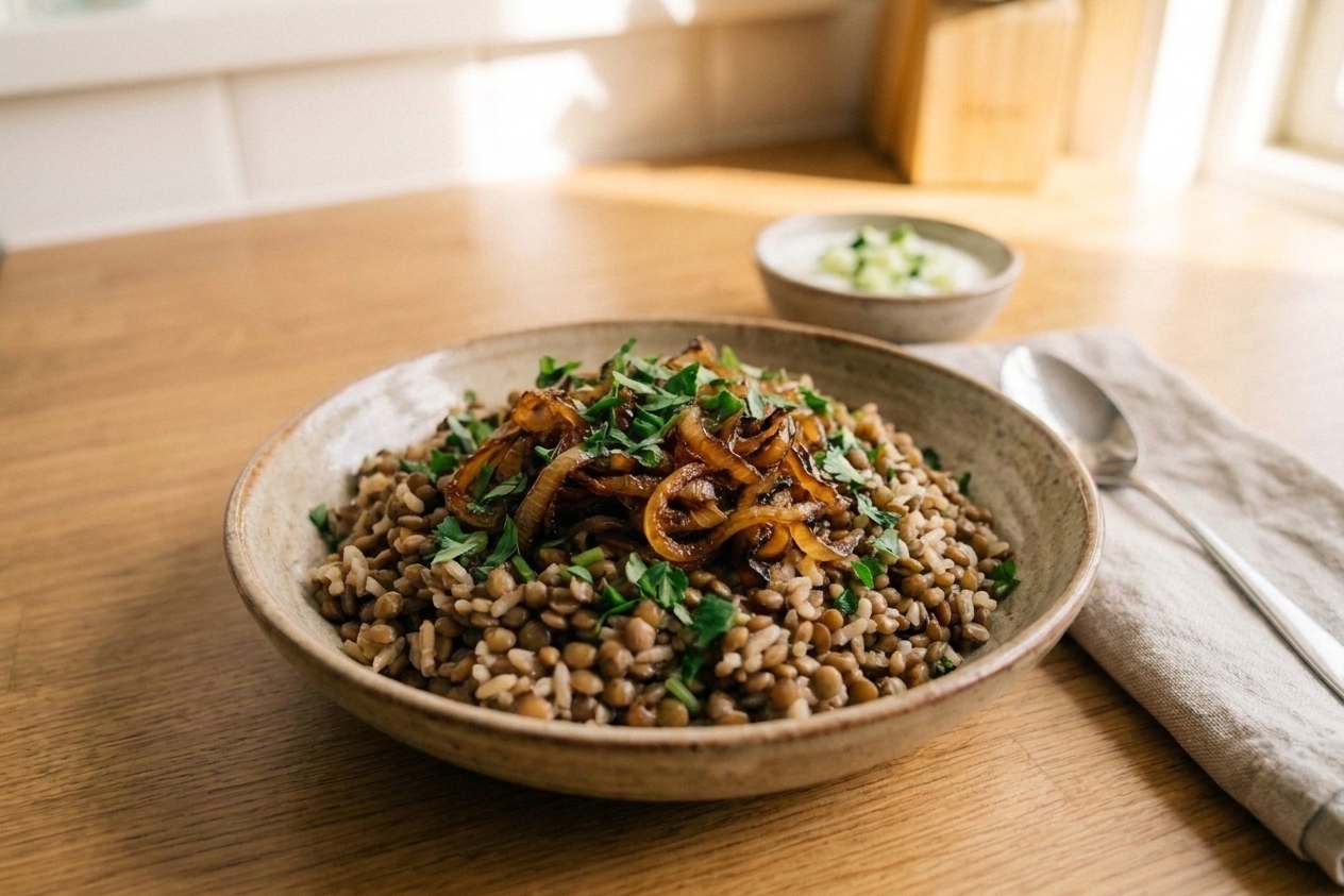 A shallow bowl of mujadara with lentils and rice topped with a generous pile of deeply caramelized onions, with a simple yogurt and cucumber side on a wooden table in warm natural light