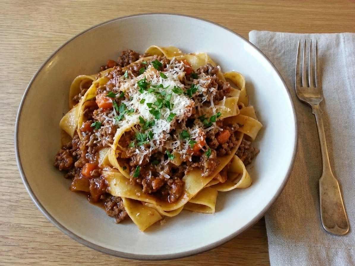 A shallow bowl of pappardelle tossed in glossy beef bolognese, topped with grated Parmesan and a sprinkle of chopped parsley on a neutral-toned dinner table